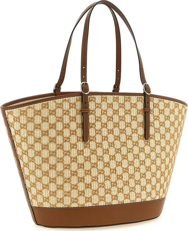 Gucci Brown GG Raffia-Effect Cotton Shopping Handbag