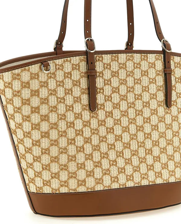Gucci Brown GG Raffia-Effect Cotton Shopping Handbag