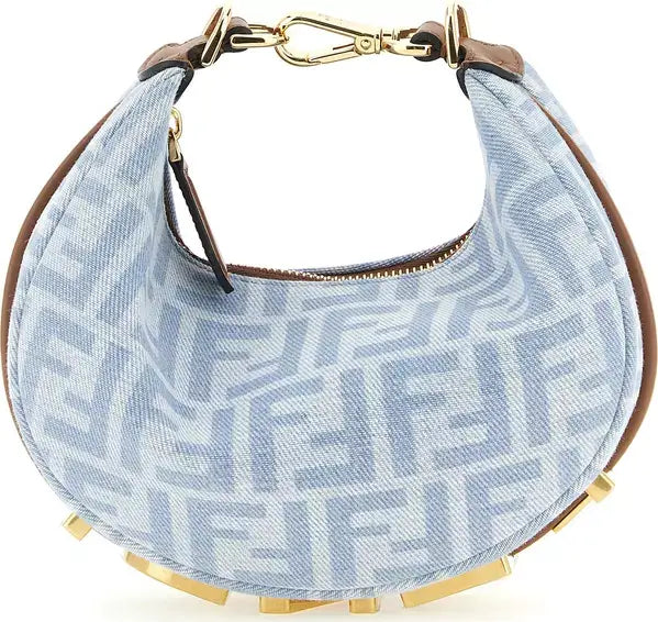 Fendi Fendigraphy Mini FF Monogram Denim Hobo Handbag – Light Blue