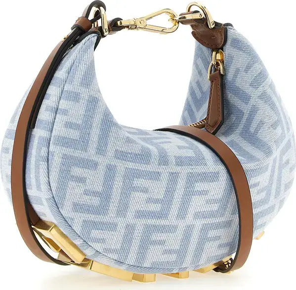 Fendi Fendigraphy Mini FF Monogram Denim Hobo Handbag – Light Blue