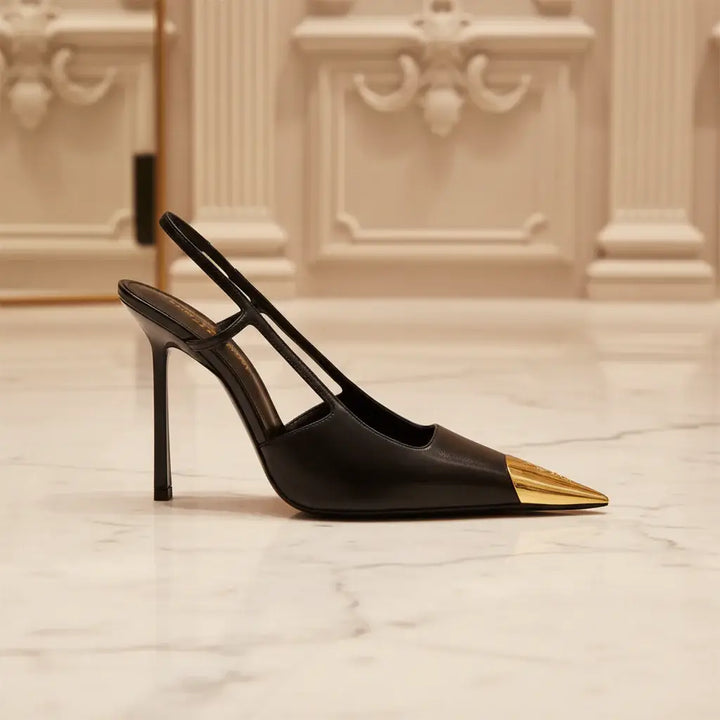 Saint Laurent Jeanne Black Leather Slingback Pumps with YSL Logo
