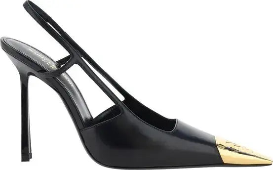 A black leather slingback high-heeled shoe with a pointed toe and a metallic gold cap detail, shown from a side profile on a white background.