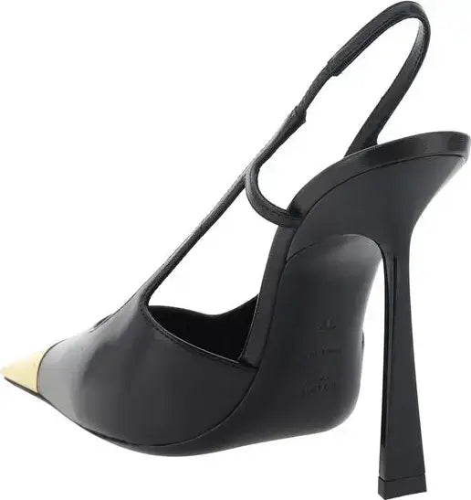 A black leather slingback high-heeled shoe with a pointed toe accented by a gold cap, shown from a side-rear angle on a white background.