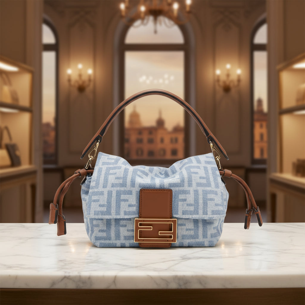 Fendi Mamma Baguette Small Light Blue Denim Handbag