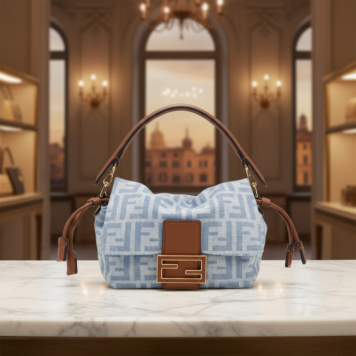 Fendi Mamma Baguette Small Light Blue Denim Handbag