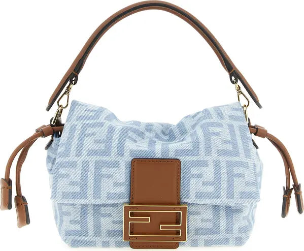 A Fendi shoulder bag in light blue Zucca monogram canvas with brown leather trim, handle, and front flap, featuring a gold-tone FF clasp.
