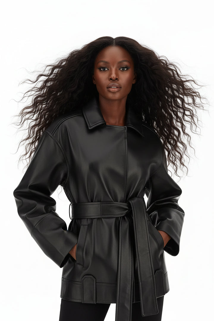 KHAITE Alder Black Lamb Leather Jacket – Italian Luxury Oversized Belted Design