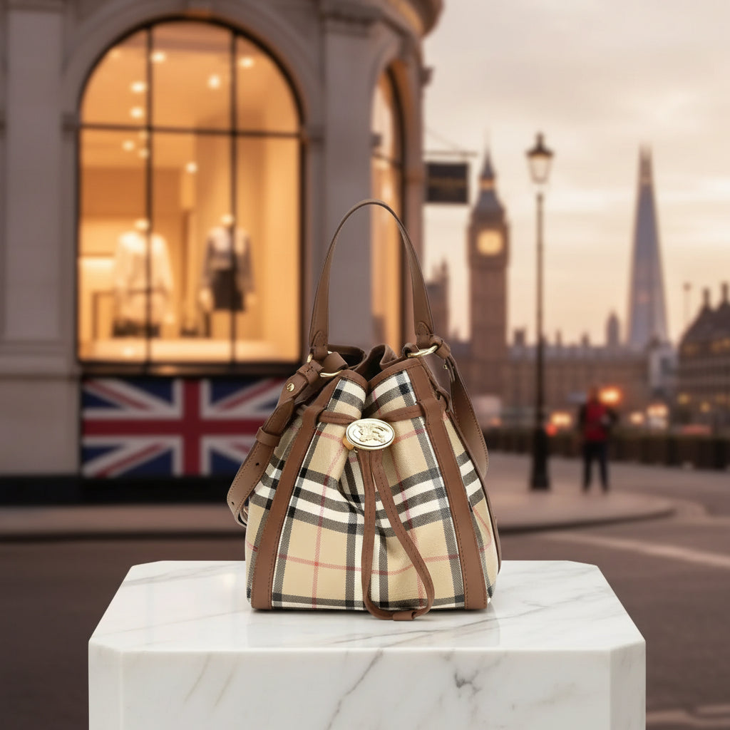 Burberry Beige Check Mini Bucket Bag in Canvas and Calf Leather