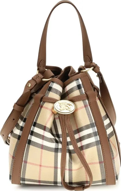 A vintage-style plaid bucket bag with brown leather trim, top handles, and a gold-tone clasp on a white background.