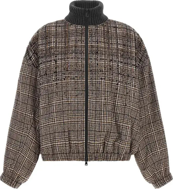 Brunello Cucinelli Brown Alpaca and Wool Check Bomber Jacket