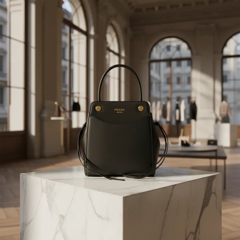 A black leather Prada Milano handbag with a top handle, gold-tone hardware, and a front pocket featuring the gold Prada logo.