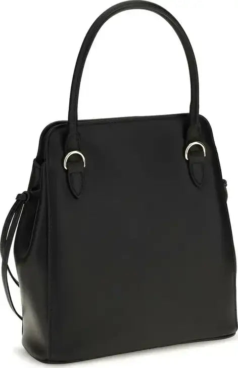 A black leather handbag with double top handles, silver-tone hardware, and a detachable shoulder strap, shown against a plain white background.