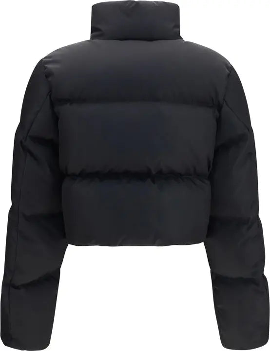 Black cropped puffer jacket with a high stand-up collar, shown from the back on a plain white background.