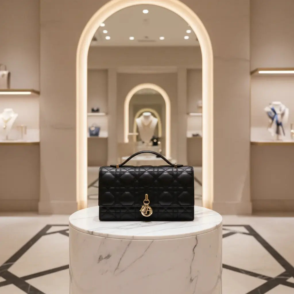 A black quilted leather handbag with a top handle and a gold-tone Christian Dior CD charm on the front flap, set against a plain white background.