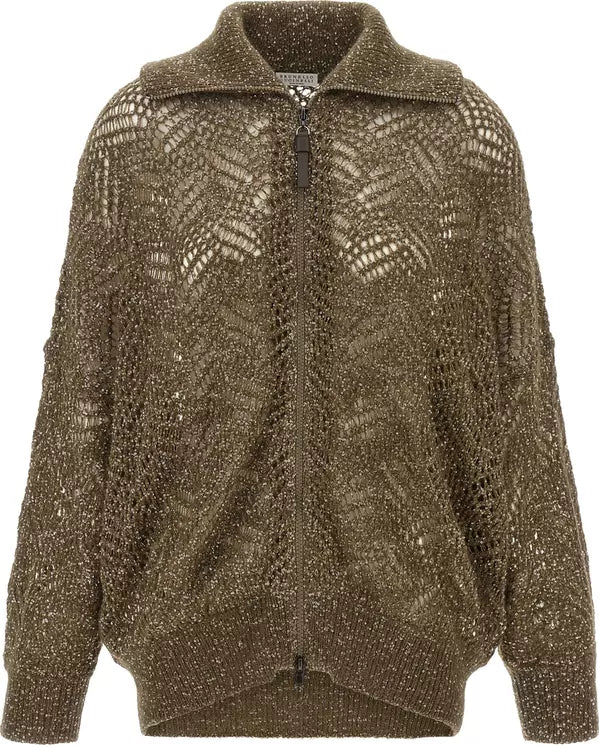 A textured, open-knit zip-up jacket in a metallic olive-brown color, featuring a high collar and a full front zipper, shown against a plain white background.