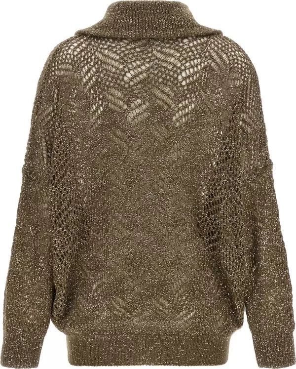 A textured, open-knit cowl-neck sweater in a metallic bronze-gold color, shown from the back against a plain white background.
