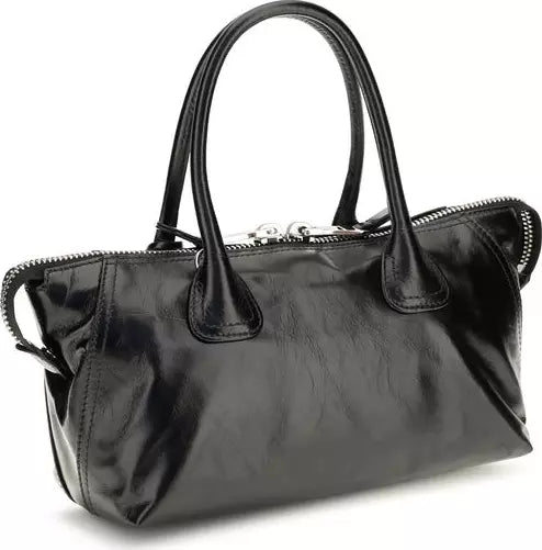 A black leather handbag with double top handles, a top zipper closure, and silver-tone hardware, photographed on a plain white background.