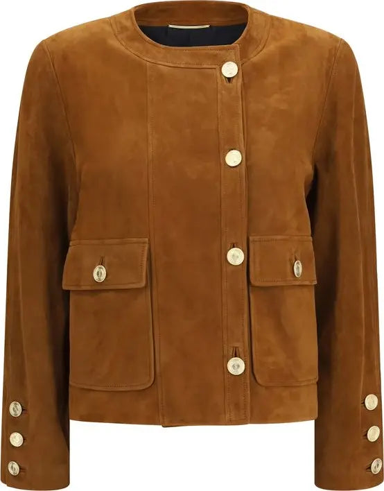 A brown suede jacket with a round neckline, front button closure, and two front flap pockets, shown on a plain white background.