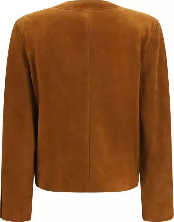 A cropped suede jacket in a warm camel brown color, shown from the back against a plain white background.