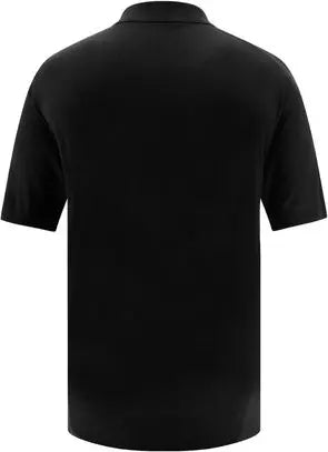 A black short-sleeve polo shirt shown from the back, displayed on a clean white background.