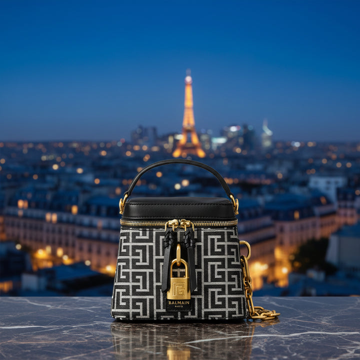 Balmain Pulse Vanity Black and Ivory Monogram Handbag