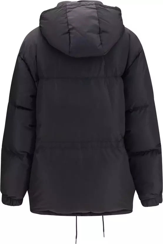 A black hooded puffer jacket shown from the back, featuring horizontal quilting and a drawstring hem, photographed against a plain white background.