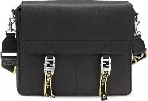 A black Fendi leather messenger bag with silver-tone hardware and signature FF strap details, shown against a plain white background.
