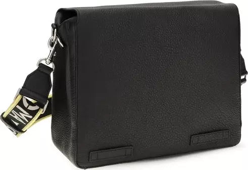 A black textured leather messenger bag with a wide, patterned black shoulder strap featuring gold trim and silver hardware, shown on a white background.
