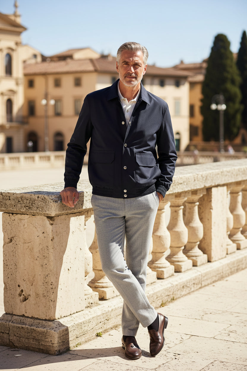 Brunello Cucinelli Blue Silk and Virgin Wool Blouson Jacket
