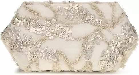 A small clutch bag covered in silver sequins and metallic fringe trim, shown against a plain white background.
