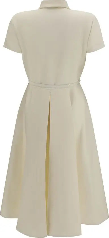 A cream-colored short-sleeve dress with a collared neckline and a defined waist, shown from the back against a plain white background.