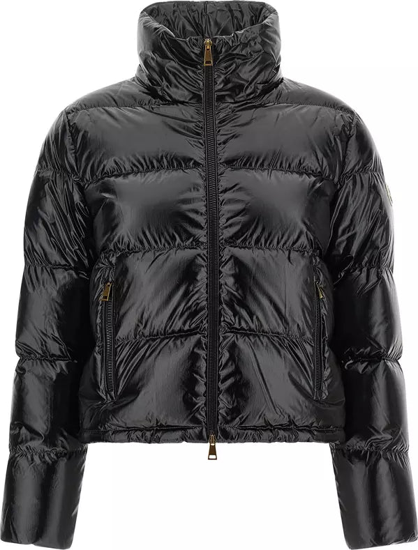 A black shiny puffer jacket with a high stand-up collar, front zipper, and zippered side pockets, shown on a plain white background.