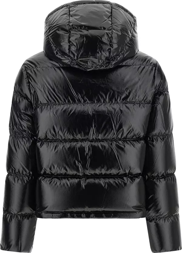 Black shiny puffer jacket with horizontal quilting and a hood, shown from the back on a white background.
