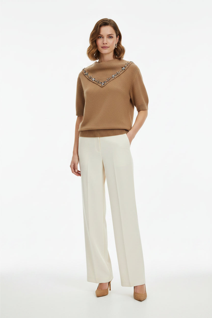Prada Brown Cashmere Sweater with Embellished Jewel Scarf