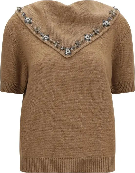 A camel brown short-sleeve knit sweater featuring a V-neckline embellished with silver and clear rhinestone floral details, shown against a plain white background.
