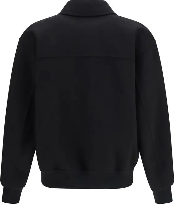 A black long-sleeve sweatshirt with a mock neck collar, shown from the back on a plain white background.