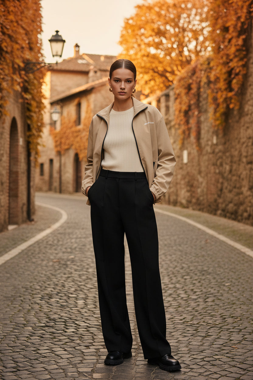 A beige Miu Miu lightweight jacket with a black front zipper, black zippered hand pockets, and white &