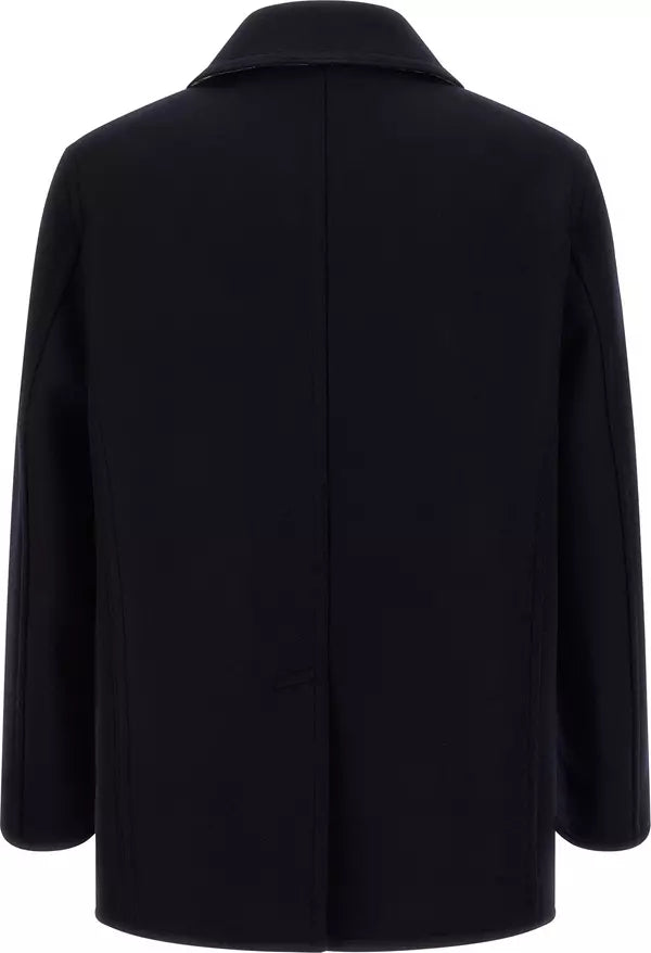 A black long-sleeve coat shown from the back, featuring a structured collar and a central seam running down the back, set against a plain white background.
