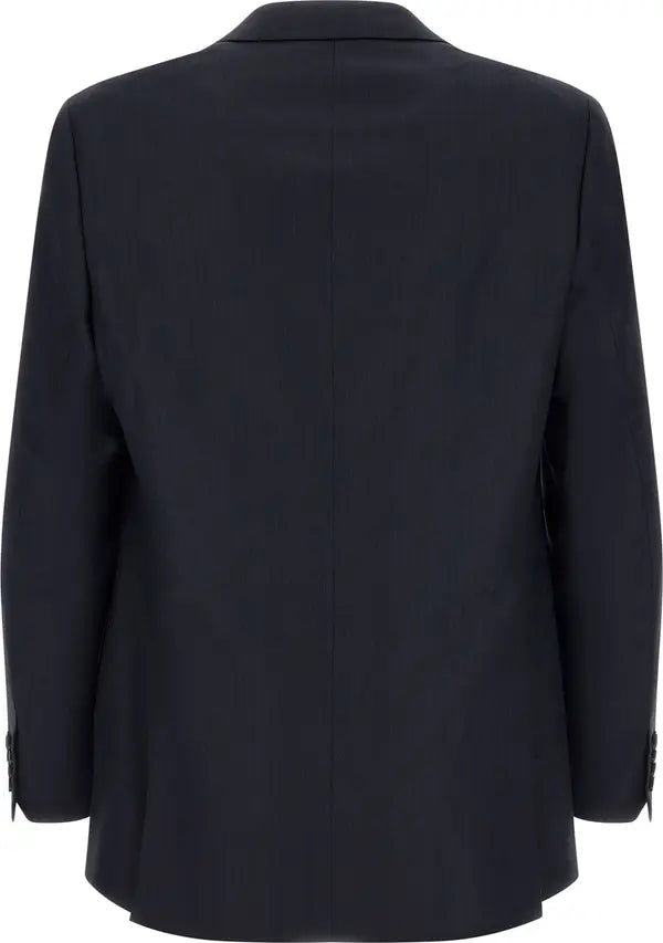 A dark navy blue blazer shown from the back, featuring a clean silhouette, structured shoulders, and a central seam down the back.