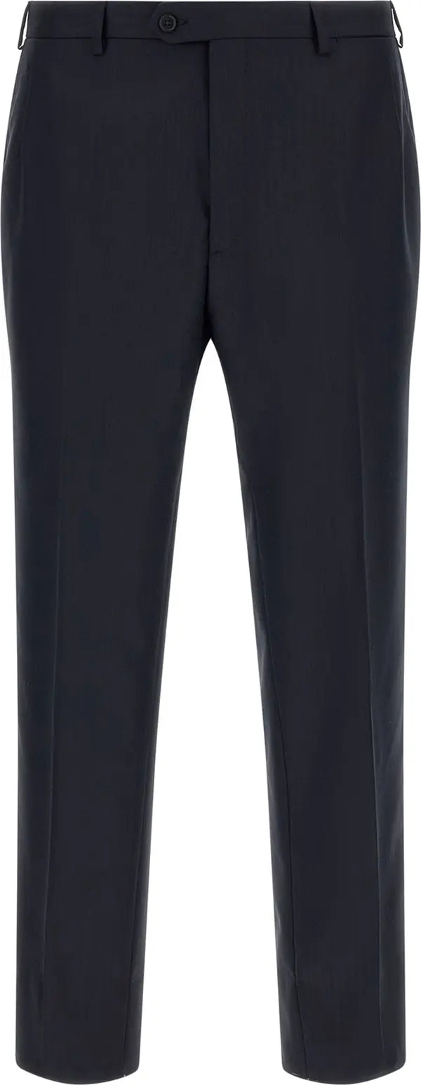 A pair of dark navy blue slim-fit trousers shown from the front on a clean white background.