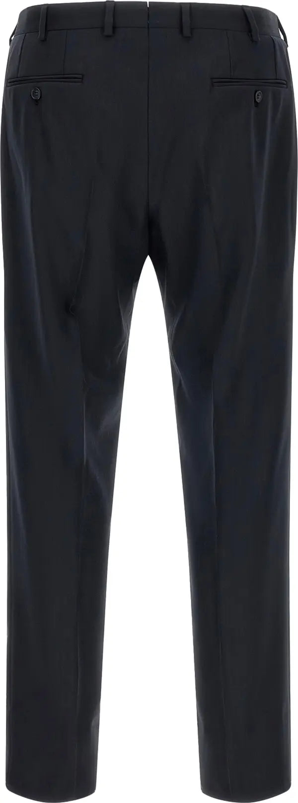 Black slim-fit trousers shown from the back, featuring a clean waistband with belt loops, two rear welt pockets, and a straight-leg silhouette.