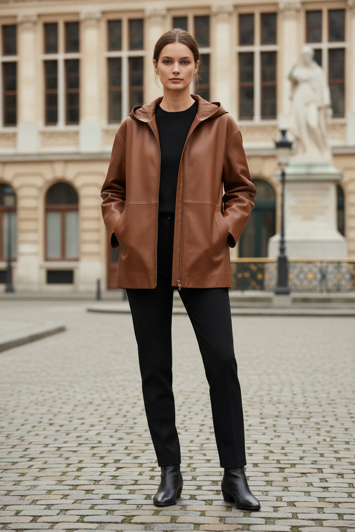 Max Mara Cinoso Brown Lambskin Hooded Leather Jacket