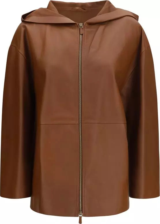 Max Mara Cinoso Brown Lambskin Hooded Leather Jacket