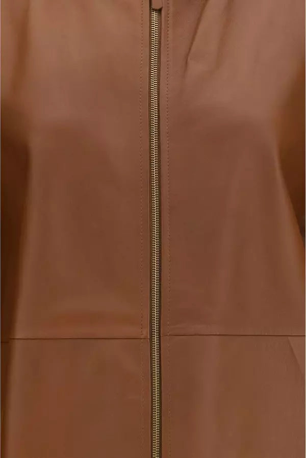 Close-up of a brown jacket or coat with a central metallic zipper running vertically down the front.