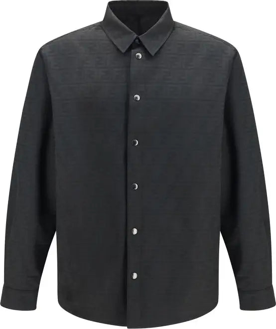 A dark charcoal gray long-sleeve button-up shirt with a subtle repeating monogram pattern, featuring a classic collar and silver-tone buttons, shown against a plain white background.