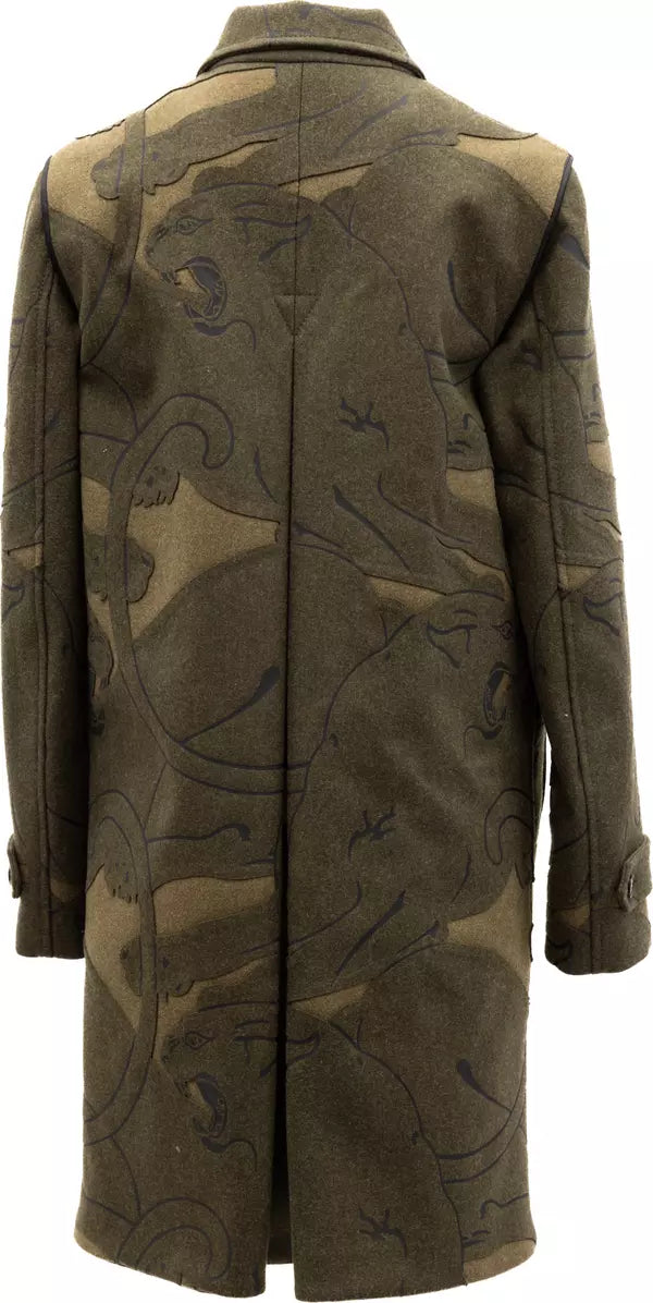A long olive green wool coat with a dark brown and black animal pattern, shown from the back against a white background.