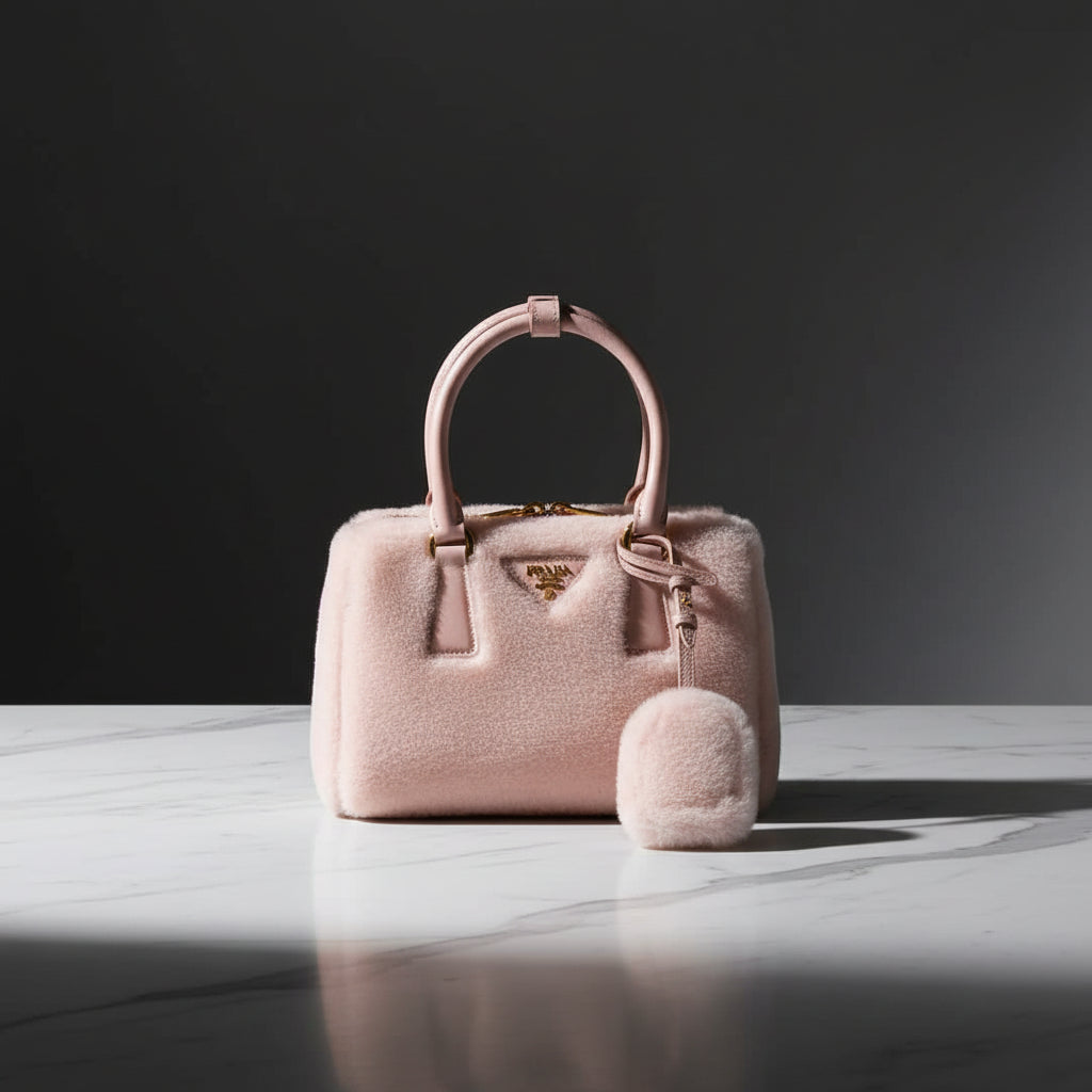 A light pink Prada handbag made of soft faux fur, featuring a structured top handle, a matching fur charm, and the signature gold-tone triangular Prada logo plaque on the front.