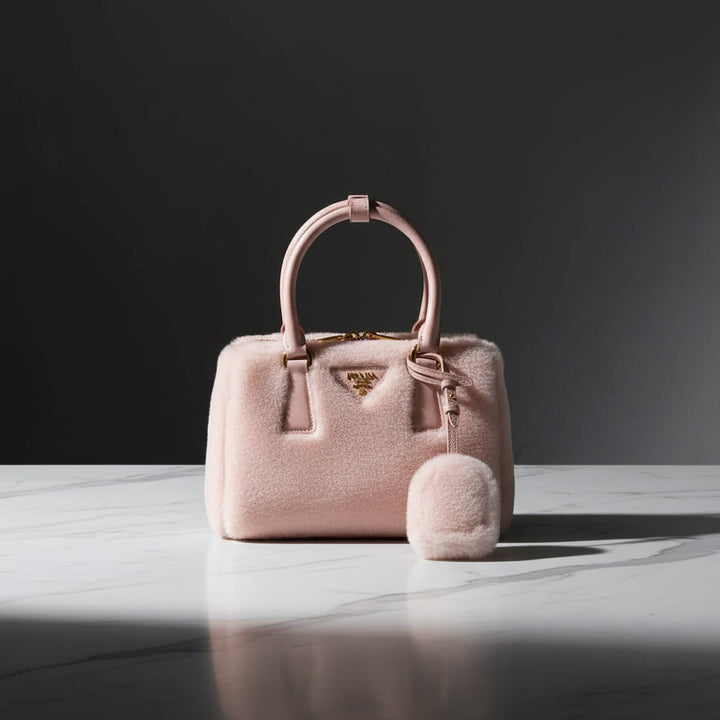 A light pink Prada handbag made of soft faux fur, featuring a structured top handle, a matching fur charm, and the signature gold-tone triangular Prada logo plaque on the front.
