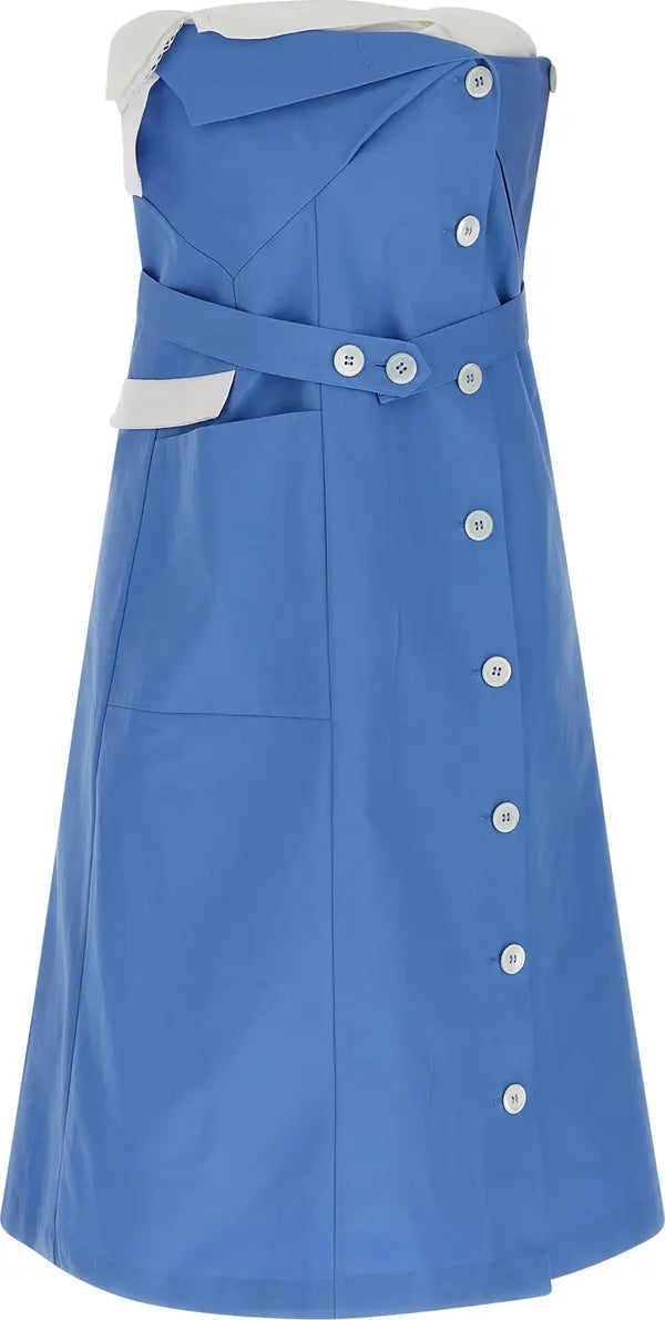 A blue strapless dress with a structured, slightly draped bodice, a matching waist belt with decorative buttons, and a front button placket, shown on a white background.