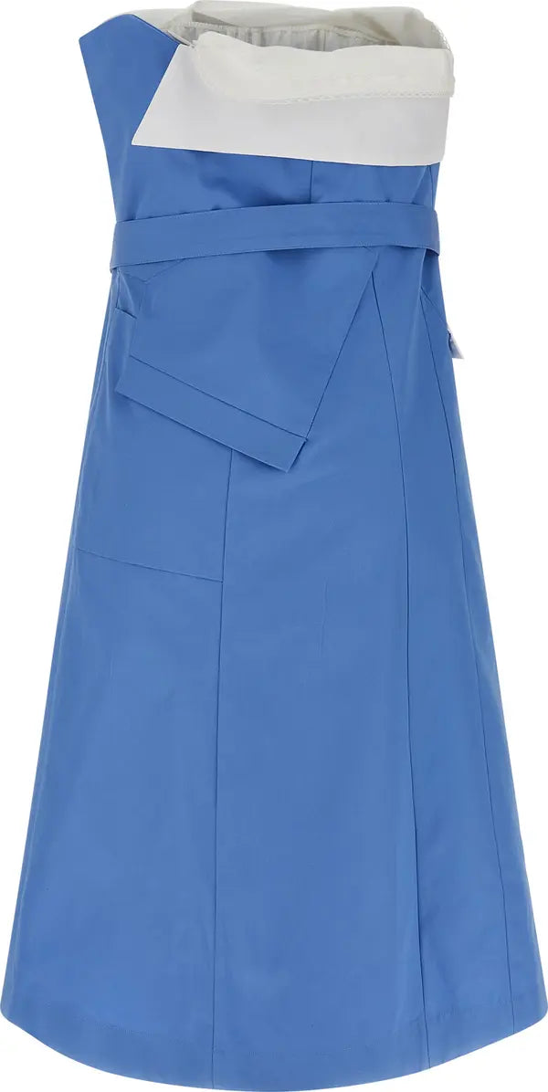 A blue wrap-style dress with a wide white collar and a matching waist tie, shown against a plain white background.